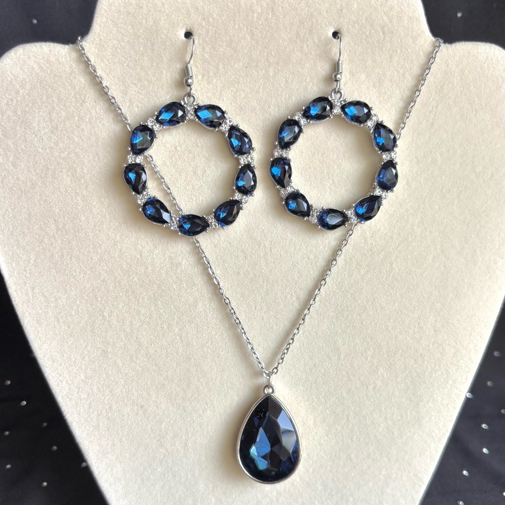Blue Crystal Teardrop Necklace & Hoop Earrings Set